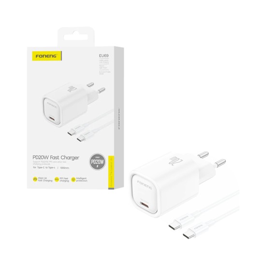 Carregador Foneng EU69 Tipo-C PD20W com Tipo-c para Tipo-C 1m Branco